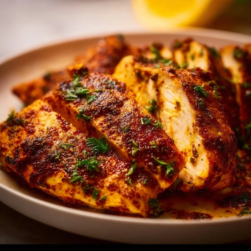 Juicy tender baked chicken served with herbs and spices.