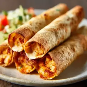 Homemade air fryer chicken taquitos on a plate with dipping sauce