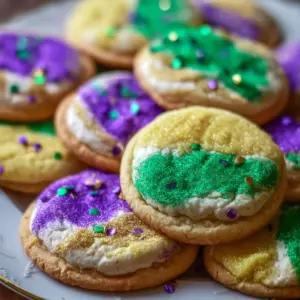 Delicious King Cake Cookies decorated with colorful icing and sprinkles.
