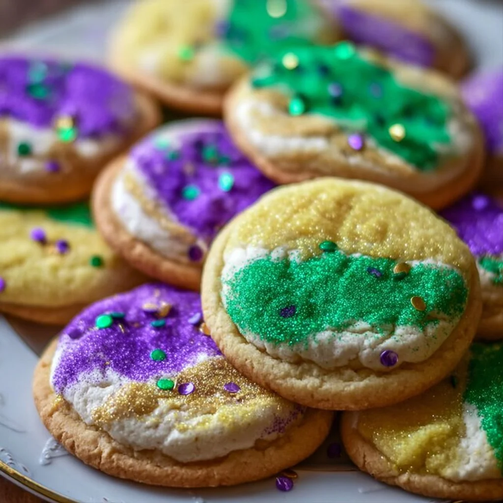 Delicious King Cake Cookies decorated with colorful icing and sprinkles.