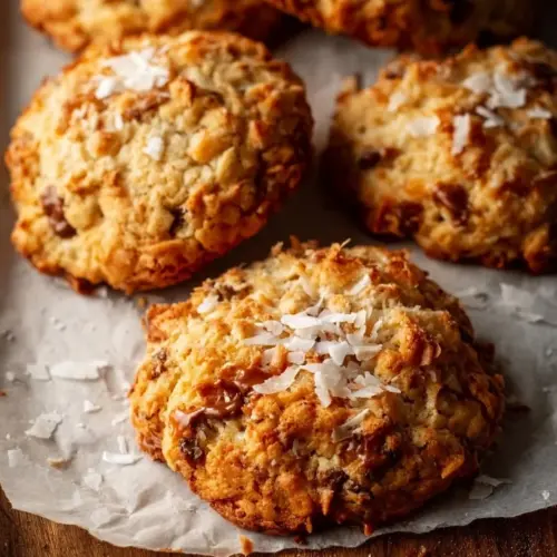 Delicious leavened caramel coconut cookies with a golden hue and coconut flakes.