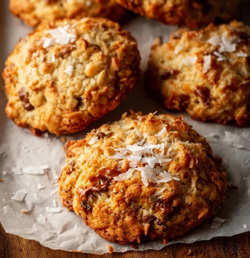 Delicious leavened caramel coconut cookies with a golden hue and coconut flakes.
