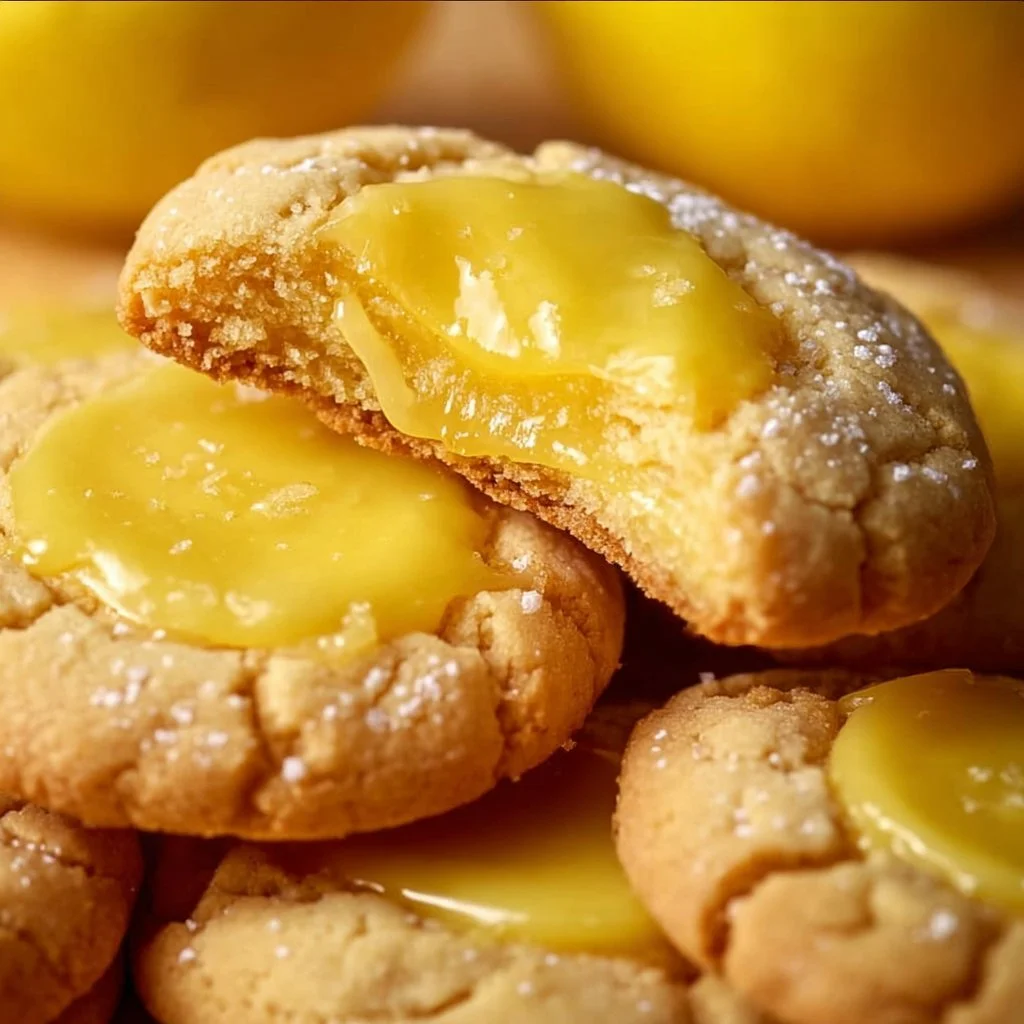 Delicious lemon curd cookies on a plate with a lemon wedge