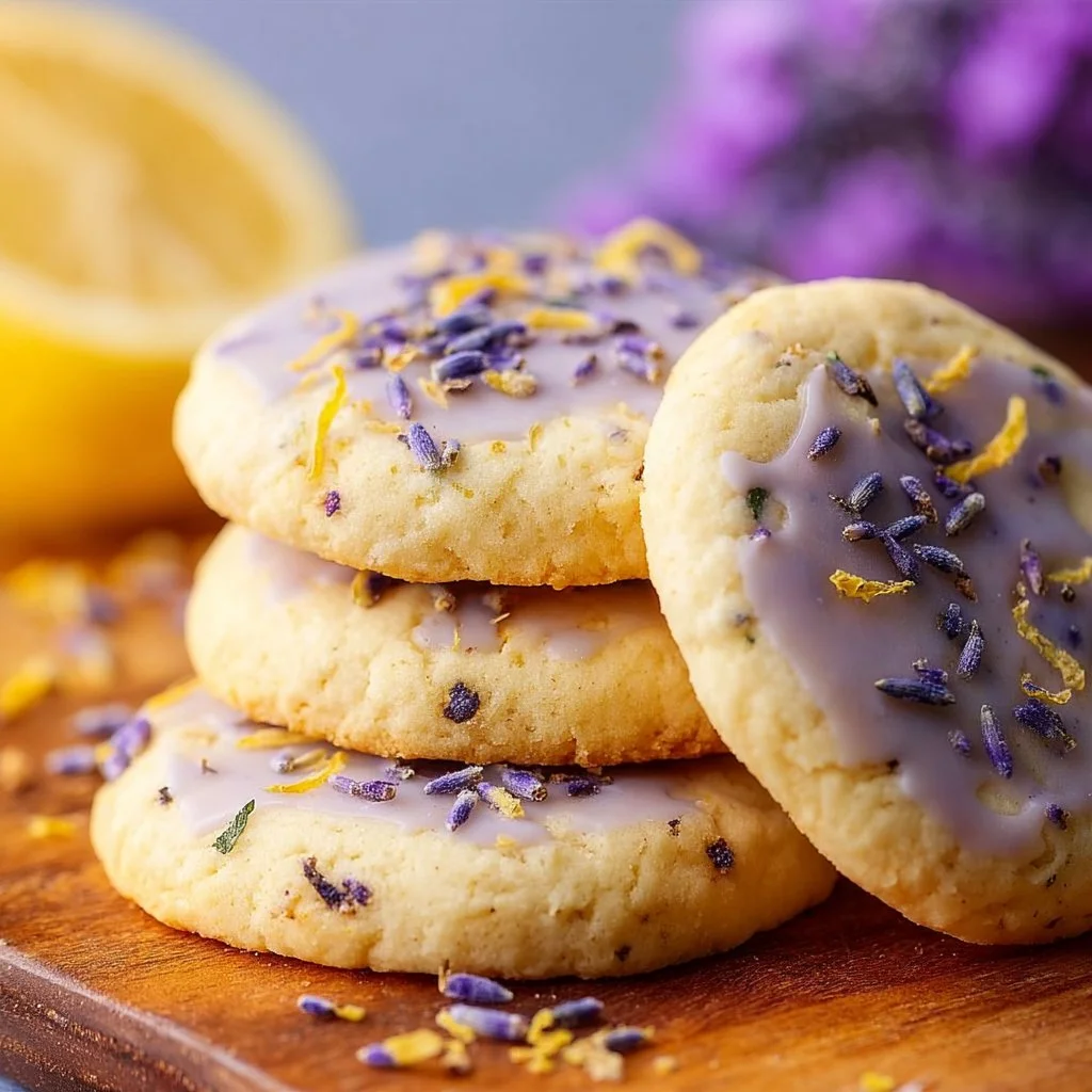Freshly baked lemon lavender cookies on a rustic wooden table.