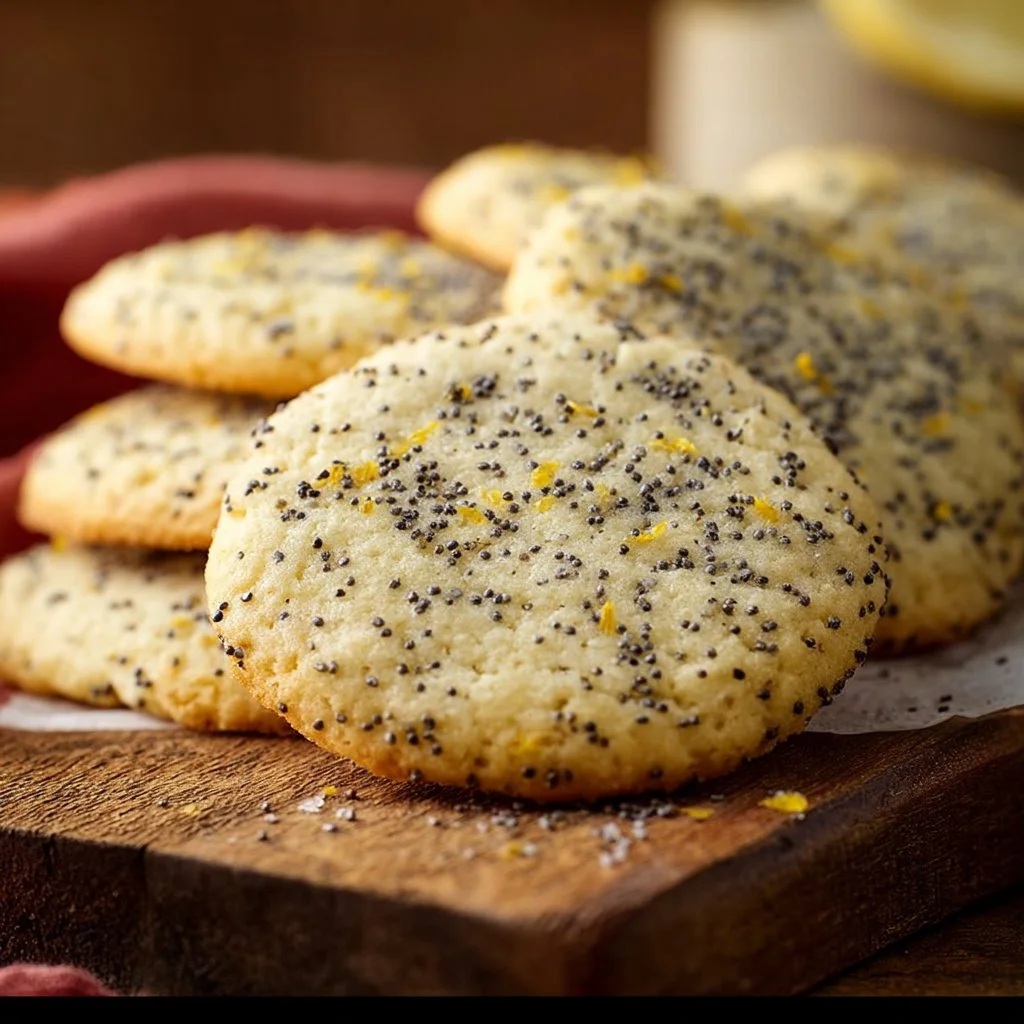 Freshly baked lemon poppyseed cookies on a cooling rack.