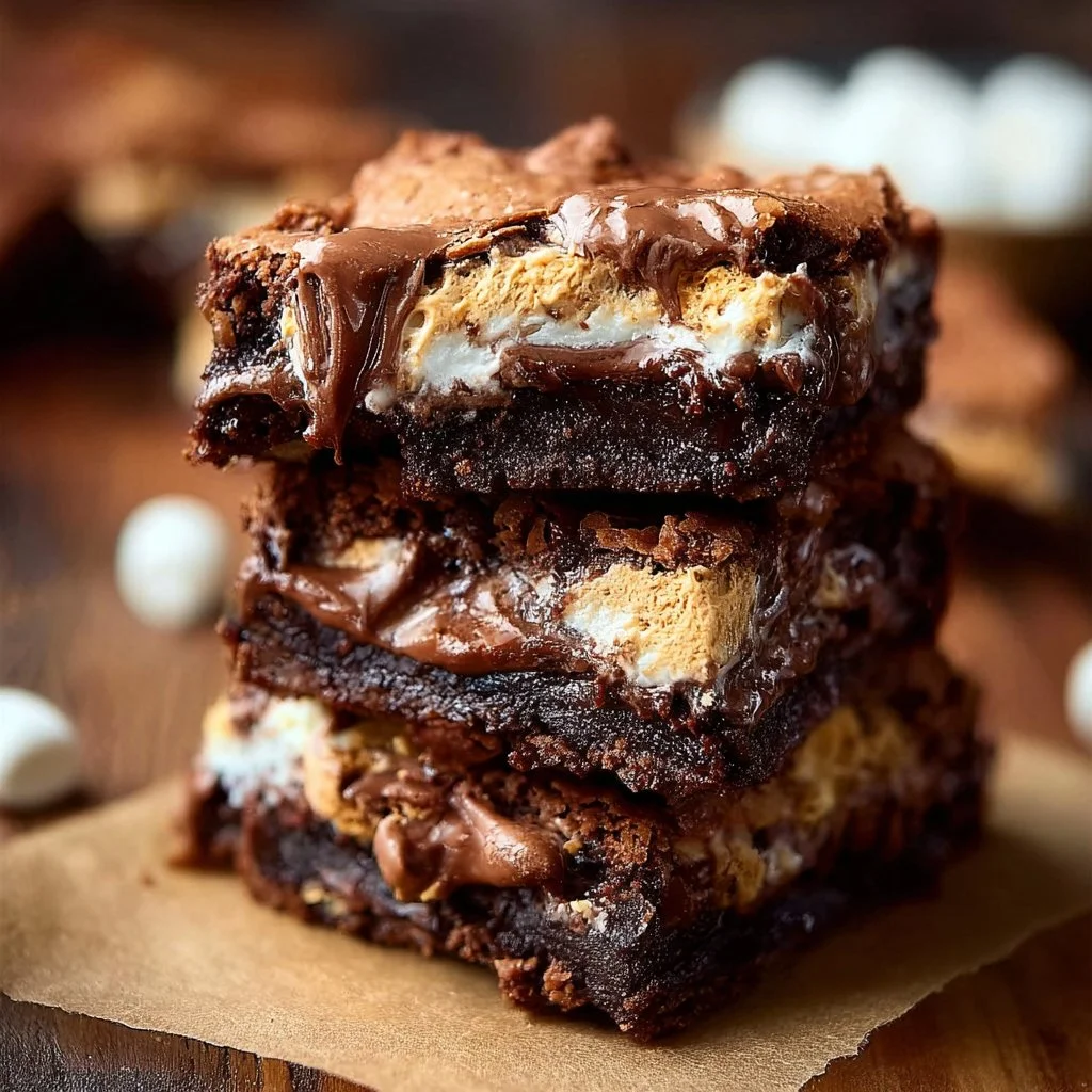Delicious Marshmallow Crunch Brownies topped with a crunchy layer.