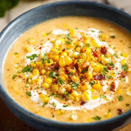 Bowl of spicy Mexican corn chowder topped with fresh cilantro and peppers