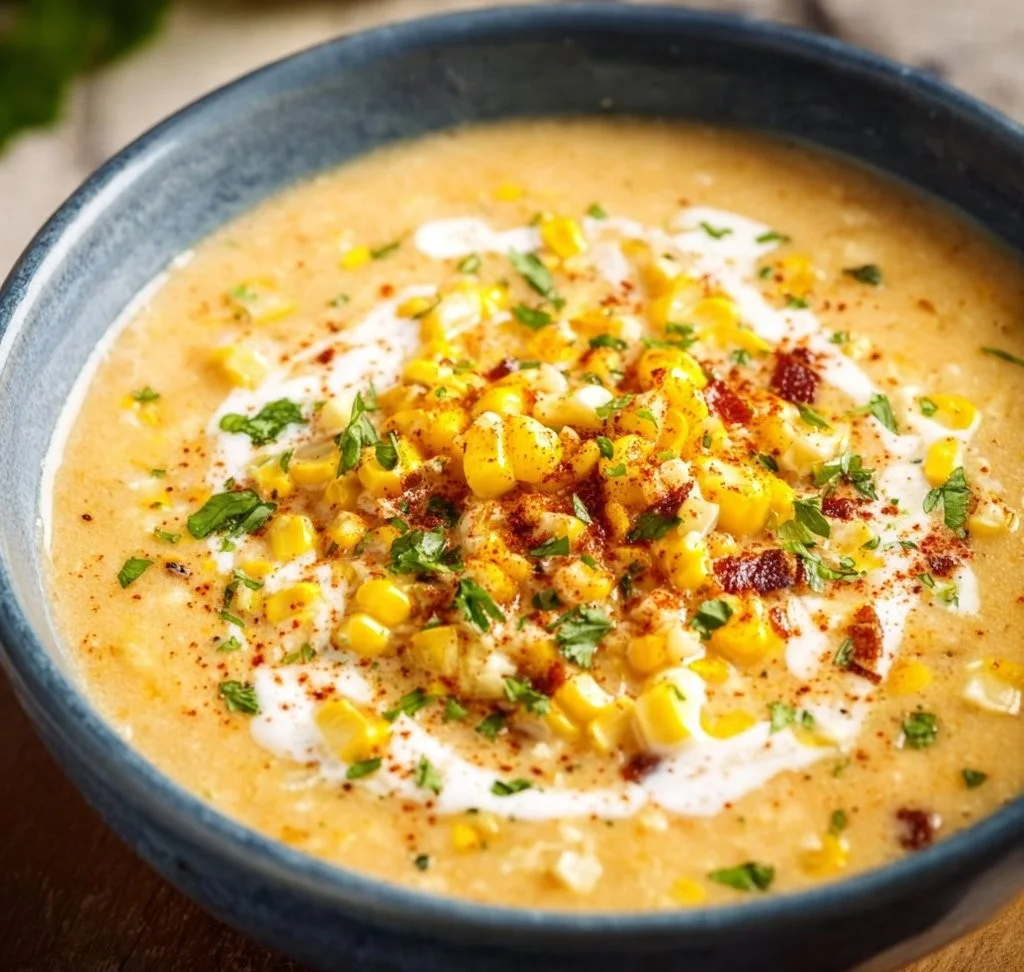 Bowl of spicy Mexican corn chowder topped with fresh cilantro and peppers