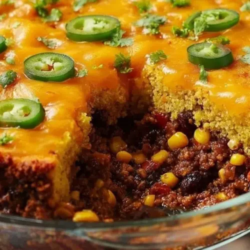 Delicious Mexican cornbread casserole topped with cheese and peppers