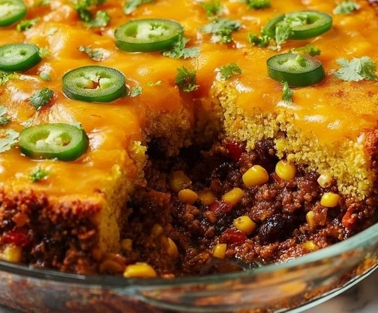 Delicious Mexican cornbread casserole topped with cheese and peppers