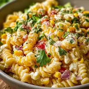 Mexican street corn pasta salad with vibrant ingredients and fresh herbs