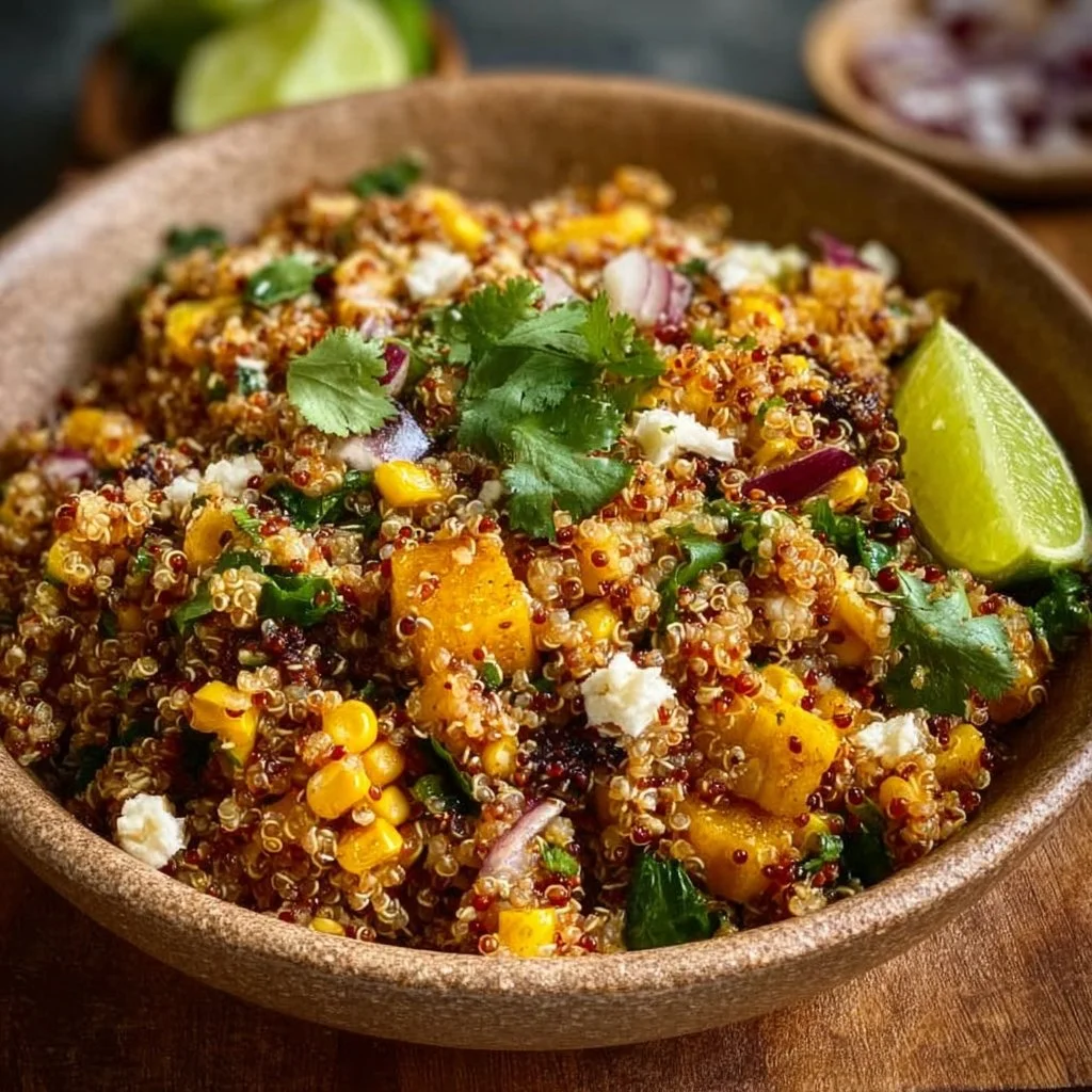 Mexican street corn quinoa salad with vibrant corn, herbs, and a zesty dressing.