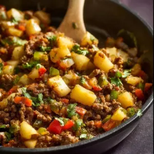 Mexican Style Picadillo served with rice and garnished with cilantro