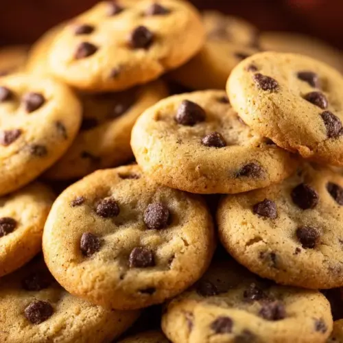 Bowl of freshly baked mini chocolate chip cookies on a rustic table