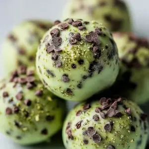 Mint chocolate chip protein balls stacked on a plate