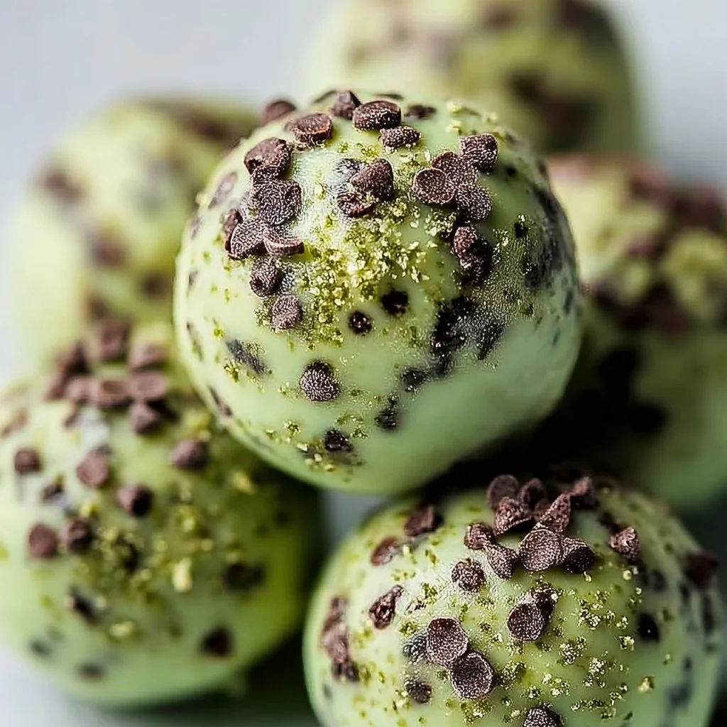 Mint chocolate chip protein balls stacked on a plate