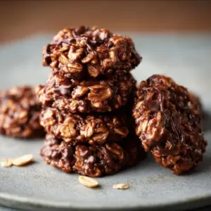 Delicious no-bake chocolate peanut butter oatmeal cookies on a plate