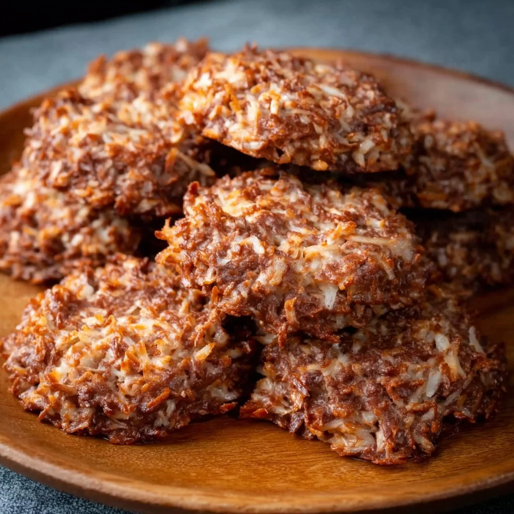 Plate of no bake coconut cookies with a coconut garnish.