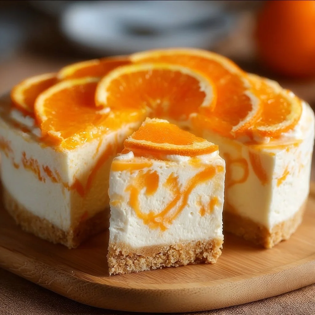 No-bake orange creamsicle cheesecake topped with orange slices and whipped cream