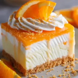 No-Bake Orange Creamsicle Dessert served in a dish, topped with whipped cream and orange zest.