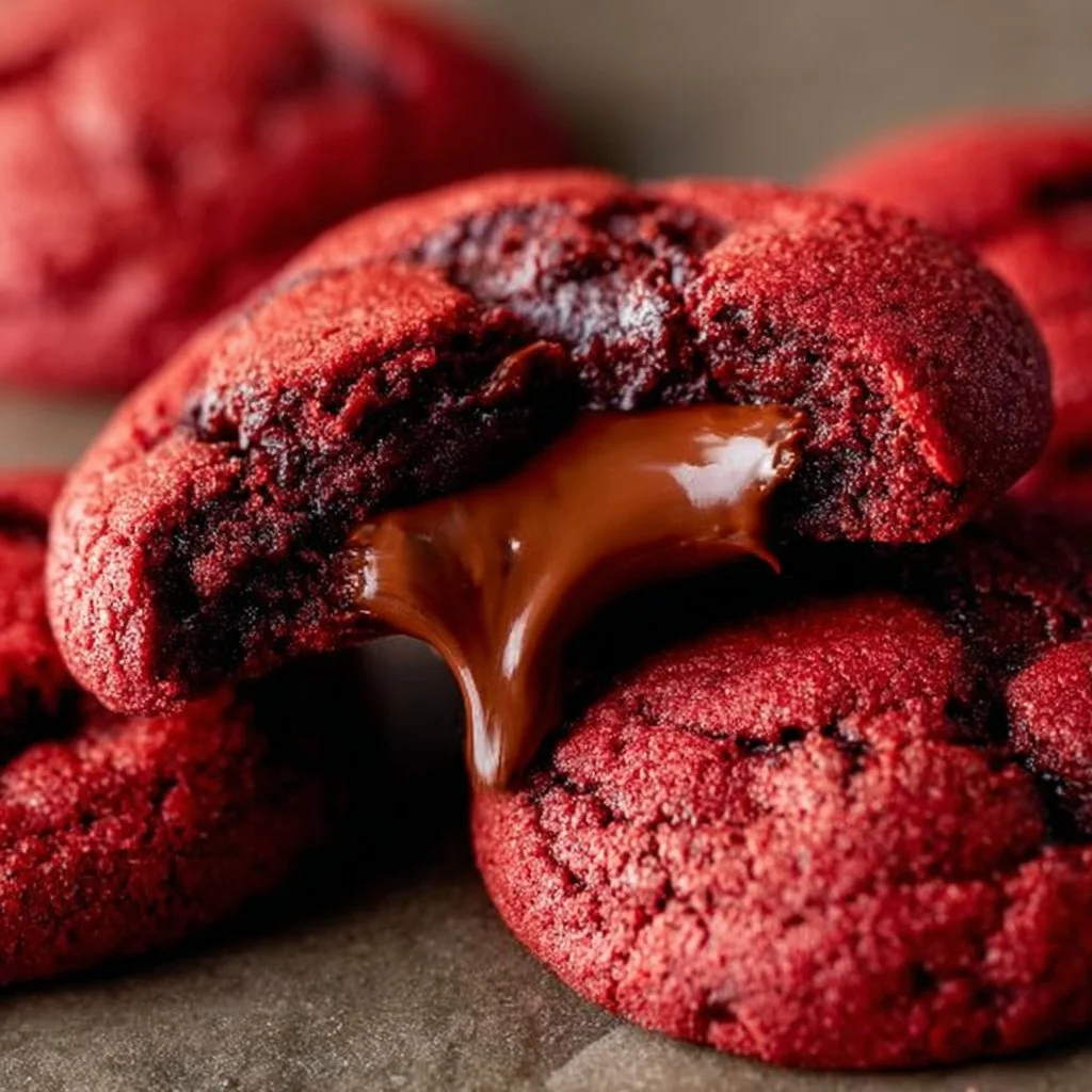 Nutella-stuffed red velvet cookies on a plate, freshly baked and ready to enjoy.