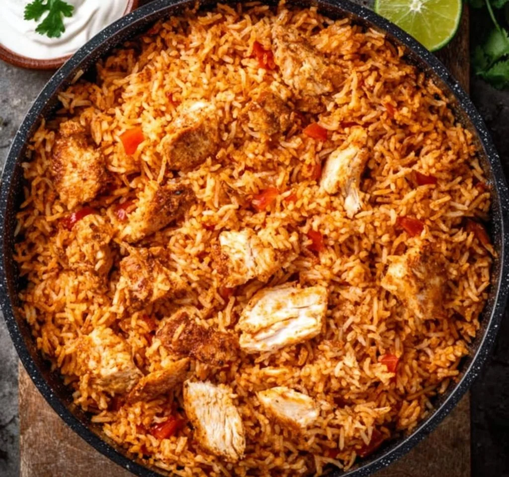 One Pan Mexican Chicken and Rice dish served on a plate with colorful vegetables