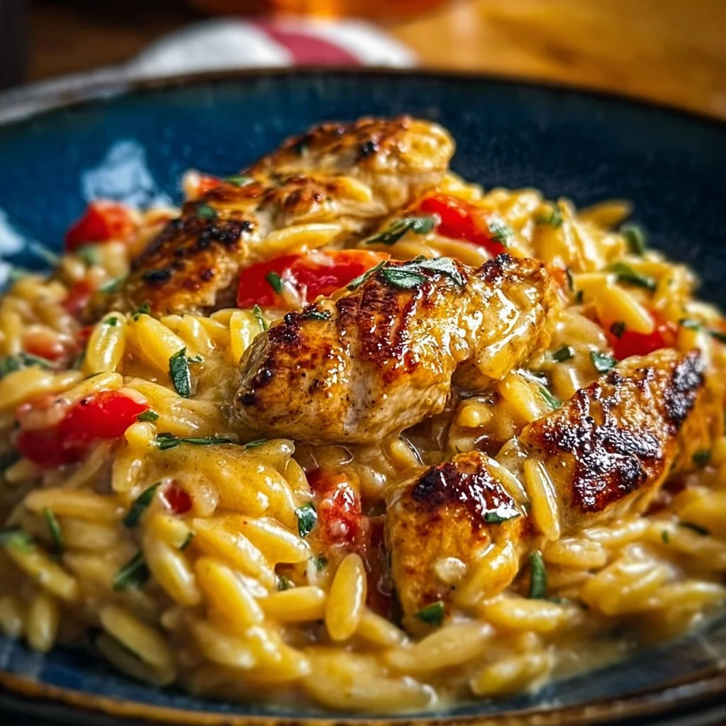 One-Pot Cajun Chicken Alfredo Orzo served in a bowl with herbs on top