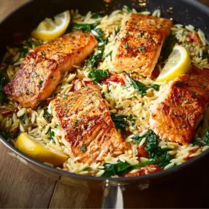 One Skillet Salmon with Lemon Orzo ready to serve on a plate