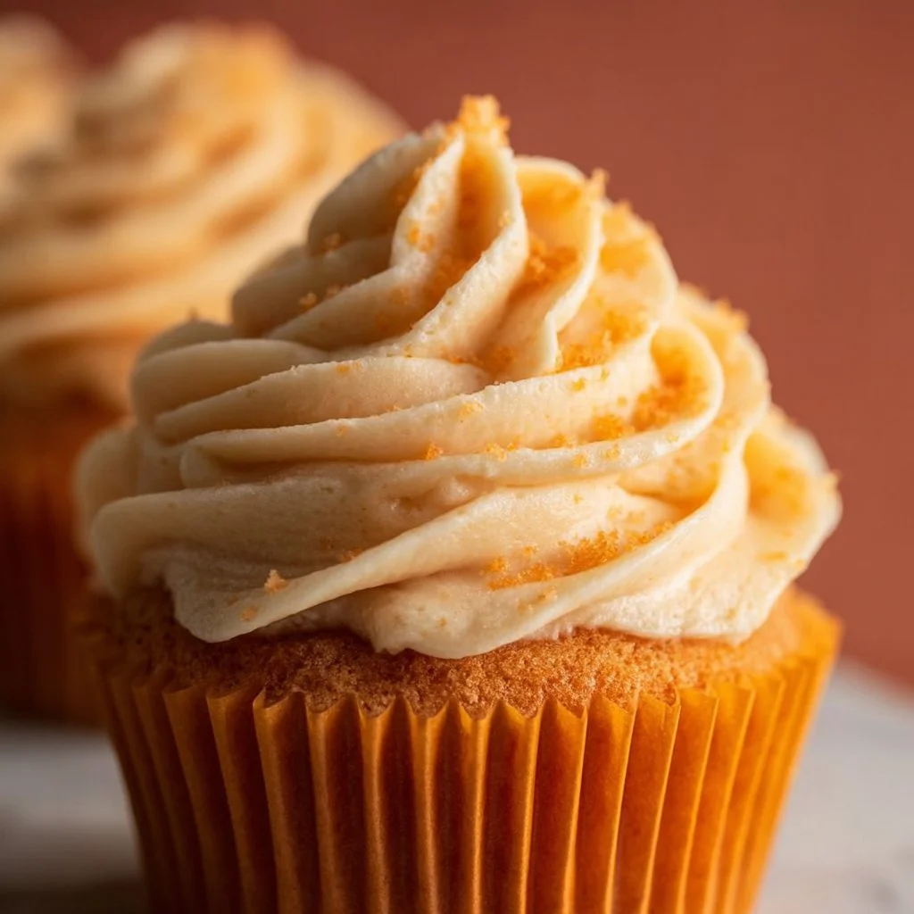Bowl of orange buttercream frosting with a spatula ready for cake decorating.