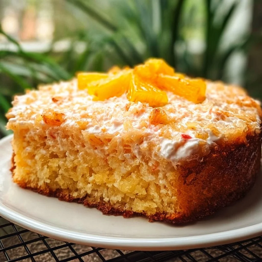 Slice of moist Orange Pineapple Cake topped with fresh oranges and pineapples
