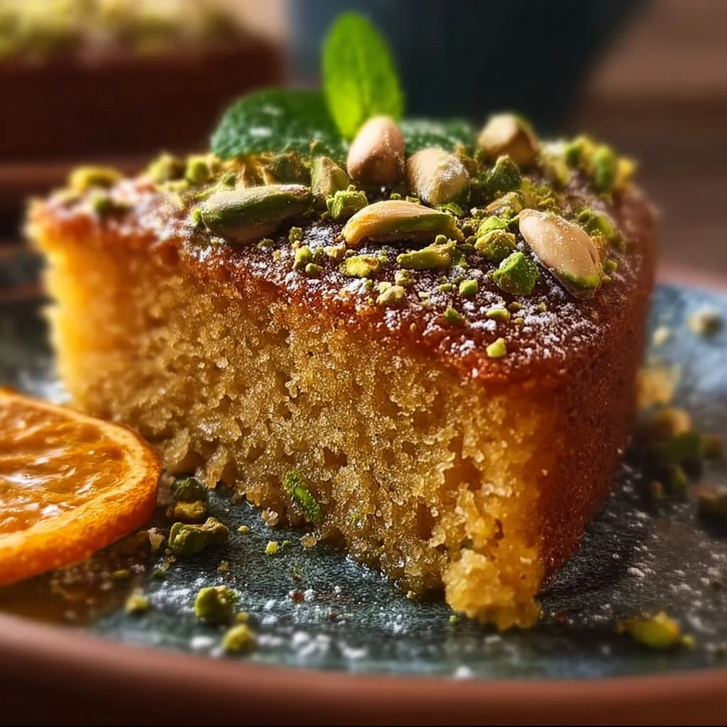 Slice of orange pistachio cake topped with orange zest and pistachios