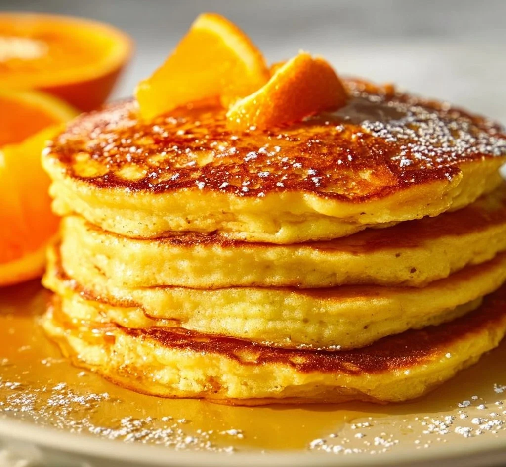Delicious orange ricotta pancakes stacked on a plate with fresh orange slices