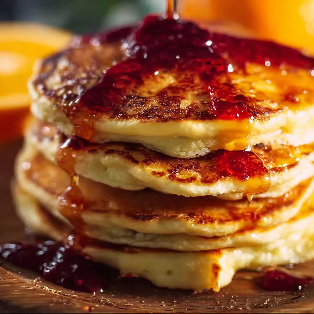 Delicious orange ricotta pancakes stacked with syrup and orange zest.