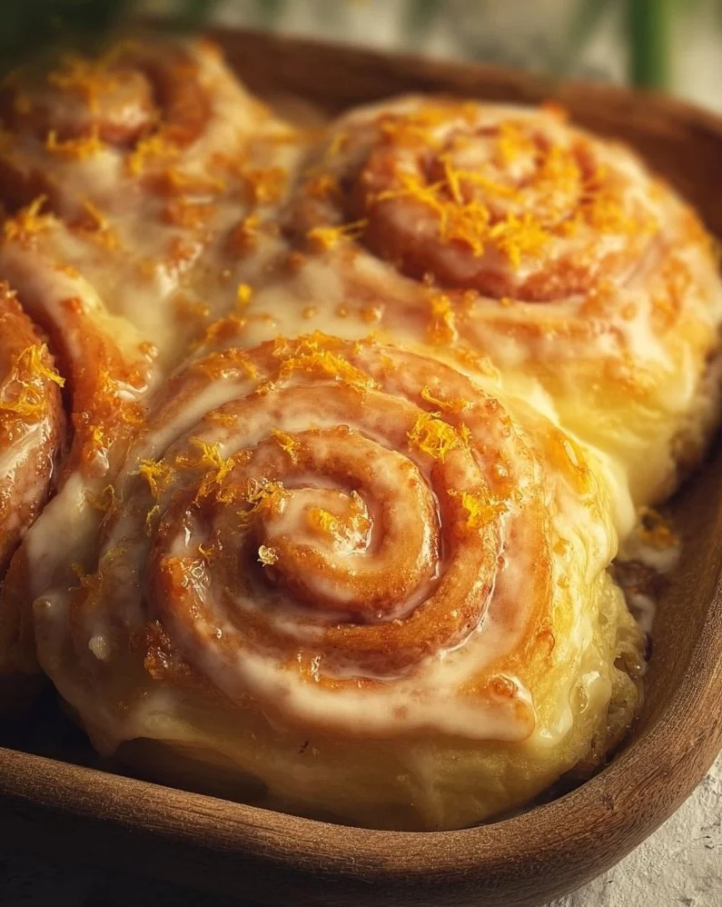 Freshly baked orange rolls topped with sweet glaze