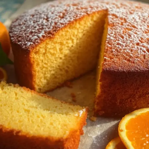 Fluffy orange sponge cake topped with orange slices and cream