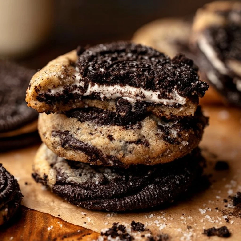 Oreo Cheesecake Cookies with a creamy filling and Oreo crumbles on top.