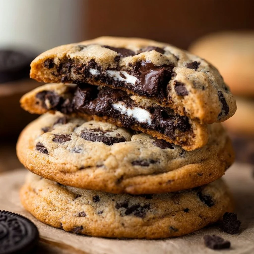 Oreo stuffed chocolate chip cookies fresh out of the oven