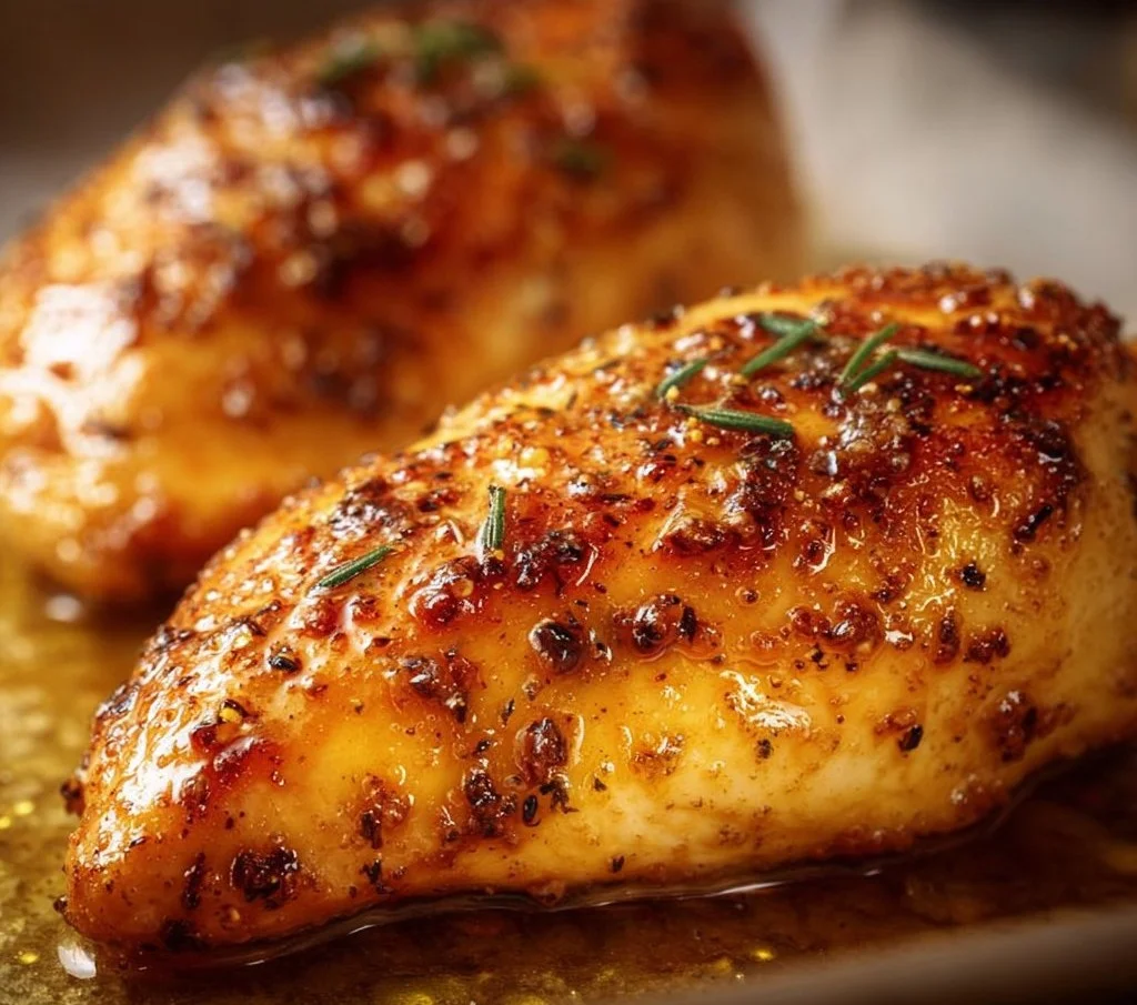 Juicy oven baked chicken breast served with herbs and spices