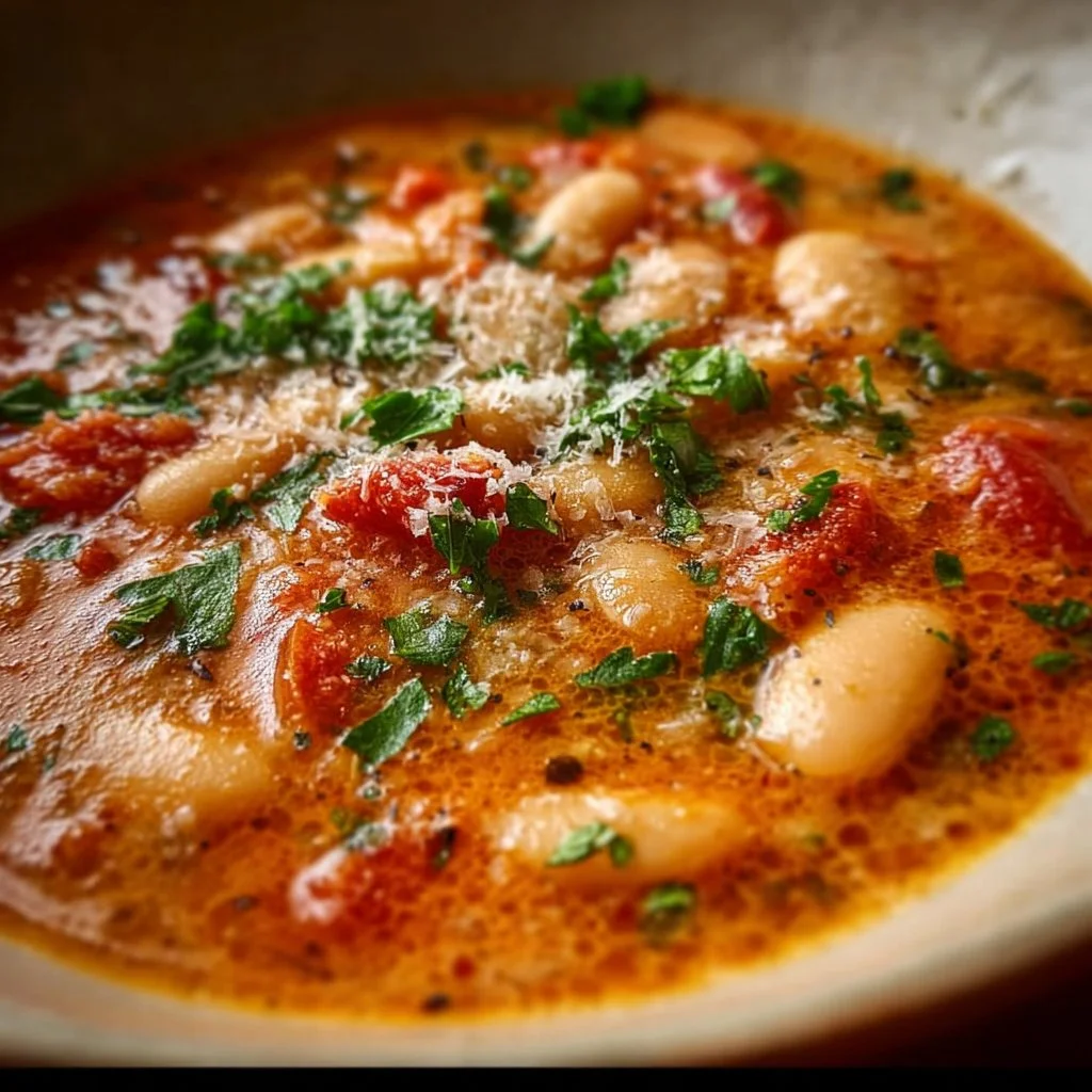 Delicious Parmesan Tomato Cannellini Bean Soup garnished with herbs