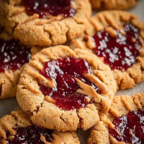 Freshly baked peanut butter and jelly cookies on a baking tray