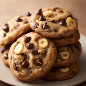 Delicious homemade peanut butter banana chip cookies on a plate
