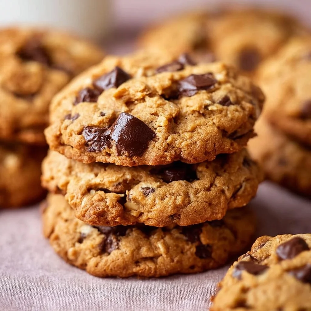 Peanut butter oatmeal chocolate chip cookies on a wooden table