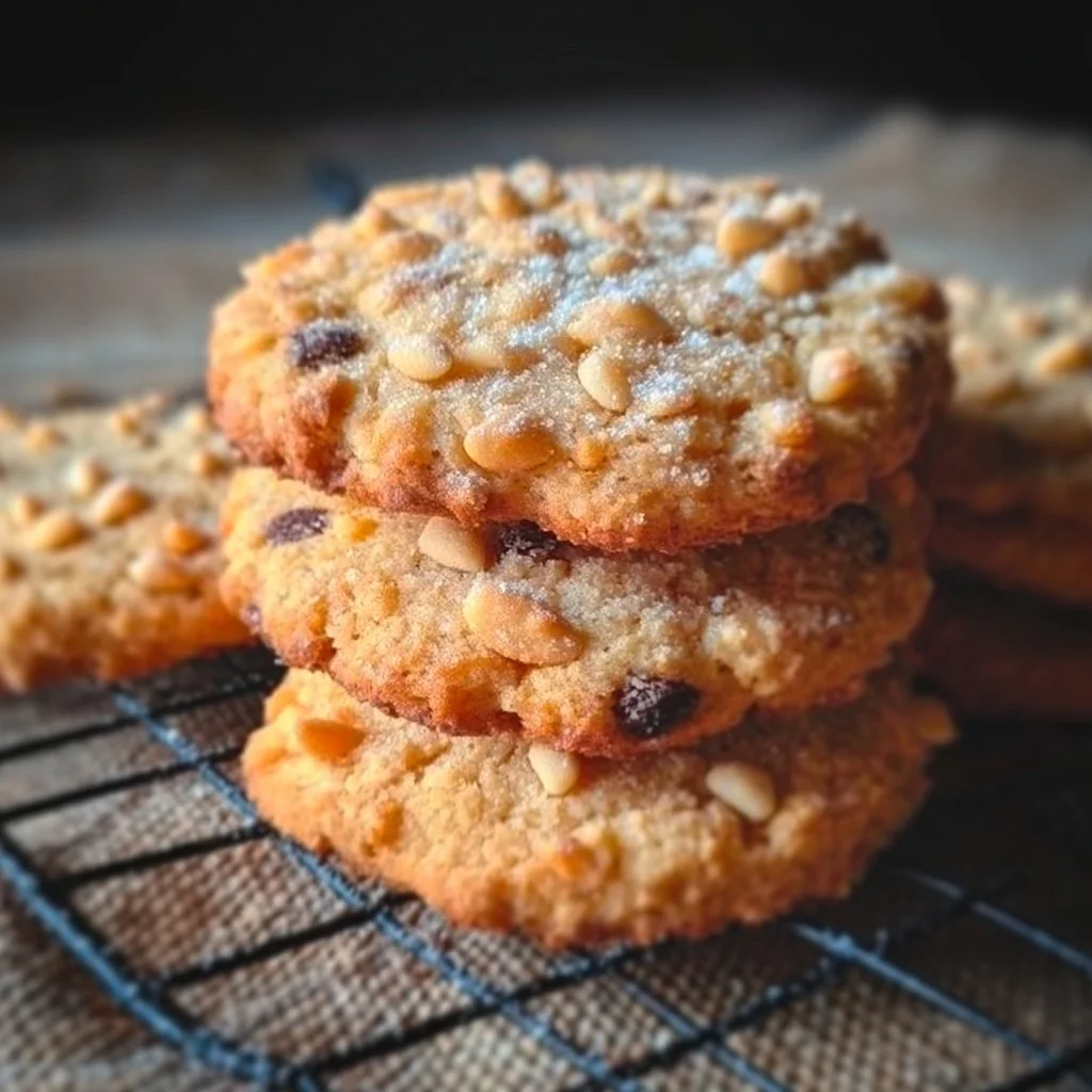 Freshly baked Pignoli Cookies topped with pine nuts and almonds.