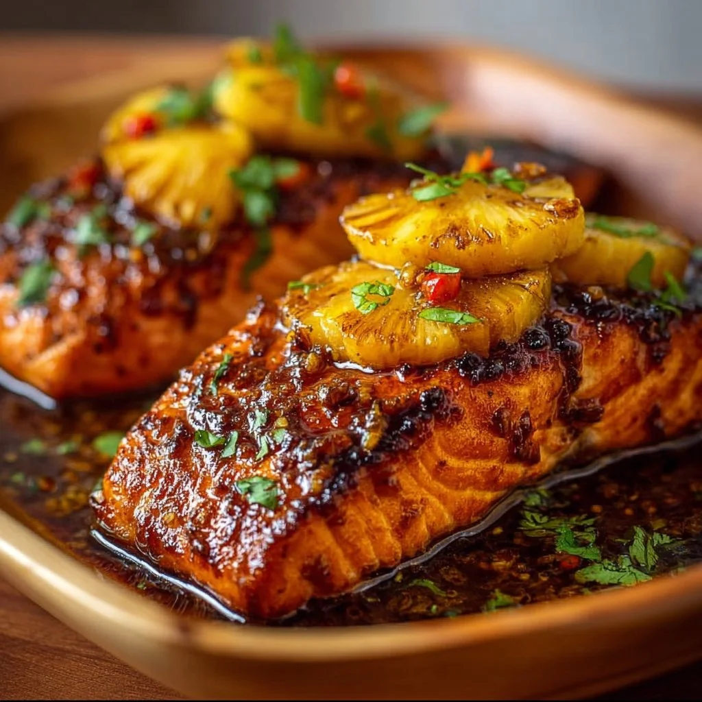 Pineapple glazed salmon fillet garnished with pineapple slices and herbs