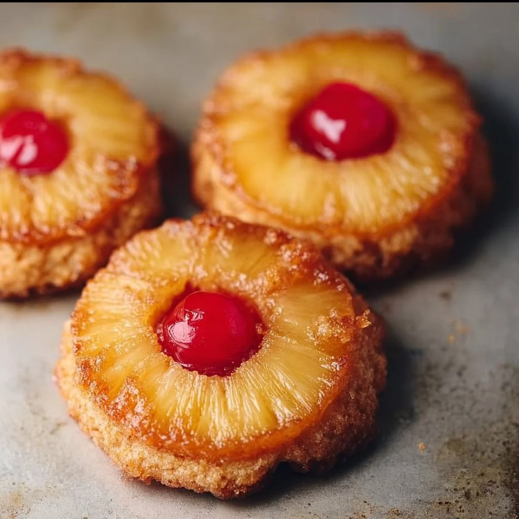 Delicious pineapple upside down cookies with caramel and cherries