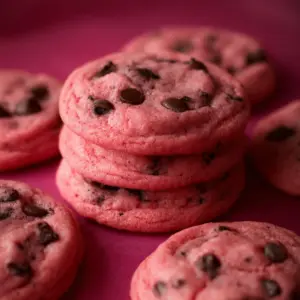 Delicious pink velvet chocolate chip cookies fresh out of the oven