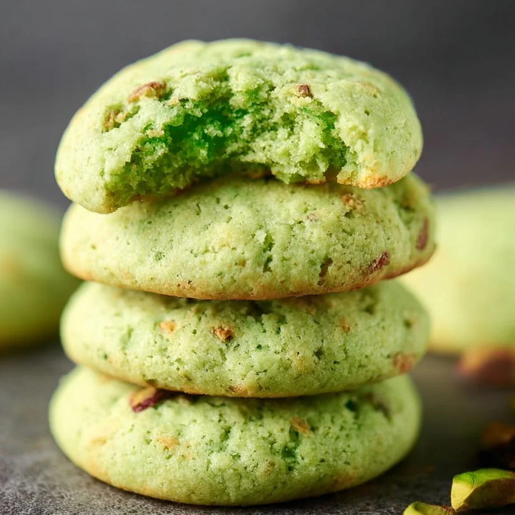 Freshly baked pistachio pudding cookies on a rustic wooden surface