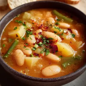 Delicious bowl of Potato and Bean Soup topped with herbs