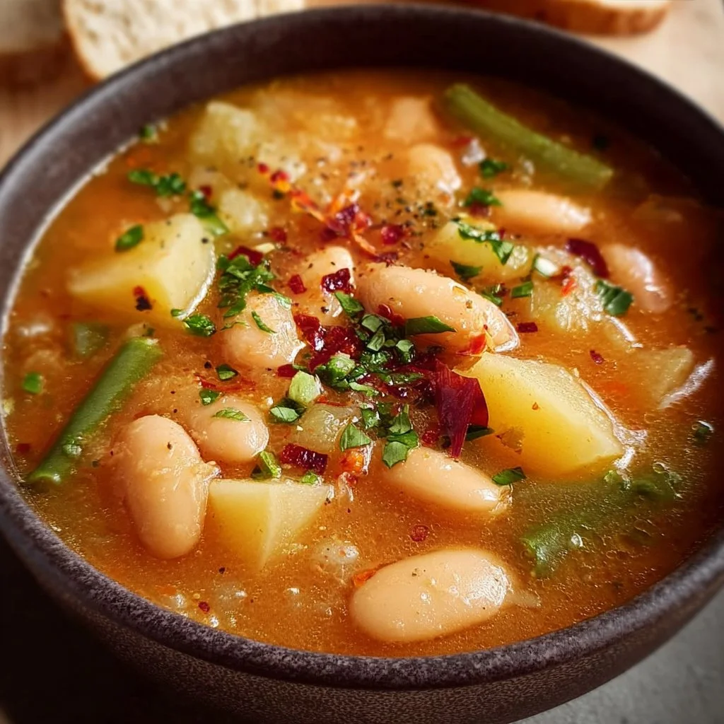Delicious bowl of Potato and Bean Soup topped with herbs