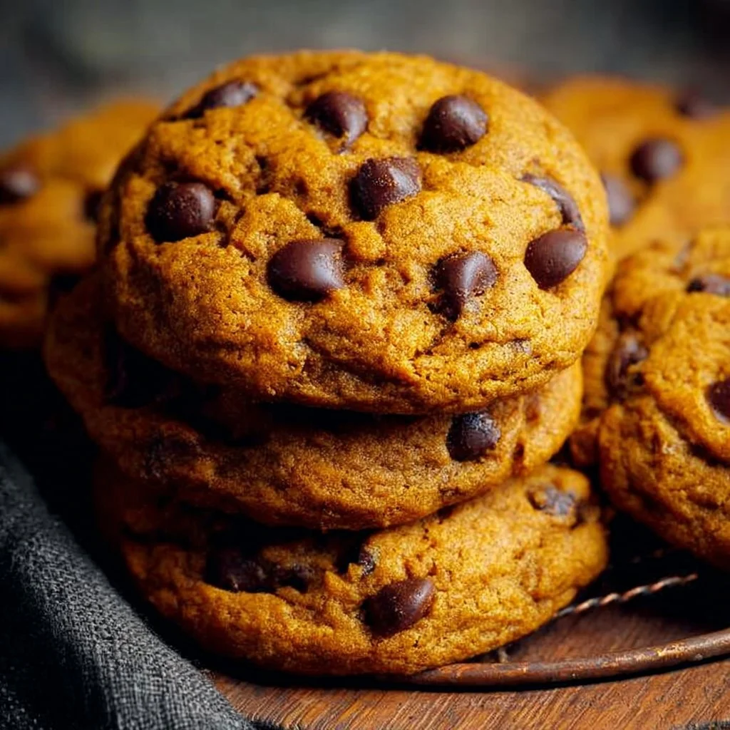 Homemade pumpkin chocolate chip cookies on a plate